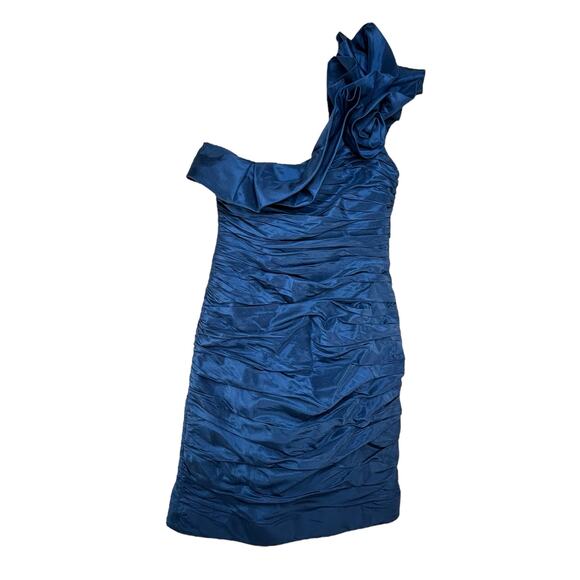 Teri Jon by Rickie Freeman Asymmetric Bodycon Mini Dress Size 2 Blue Silk HOCO - Picture 3 of 6